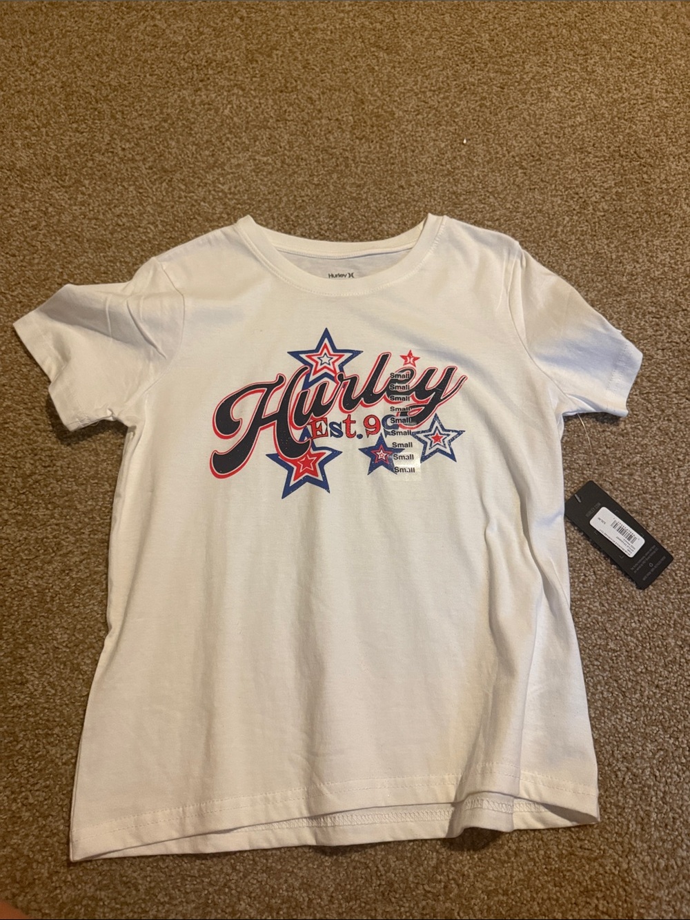Hurley White Short Sleeve Tee with Red & Blue Star Script